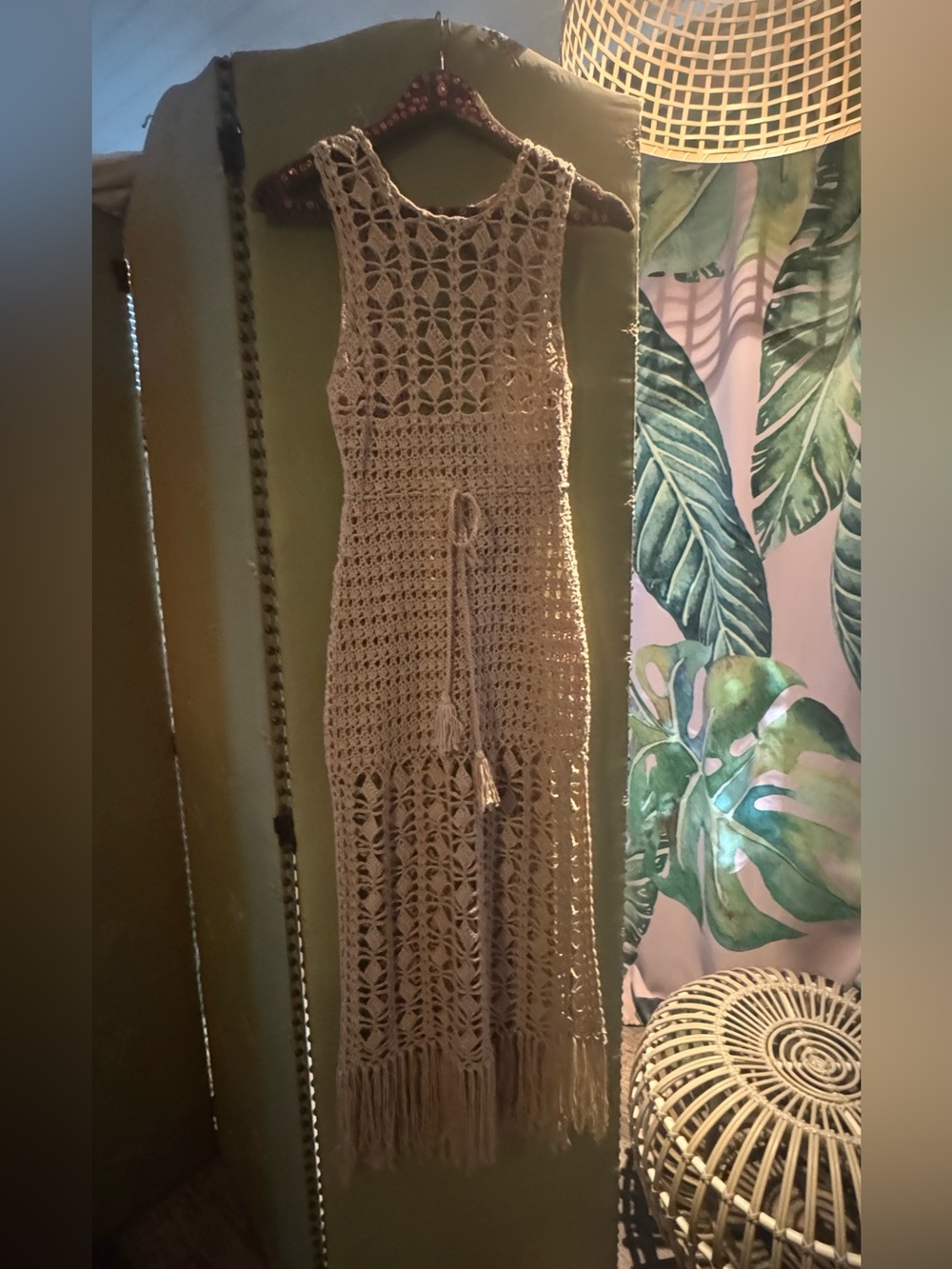 Boho Crochet Maxi Dress in Cream with Fringe